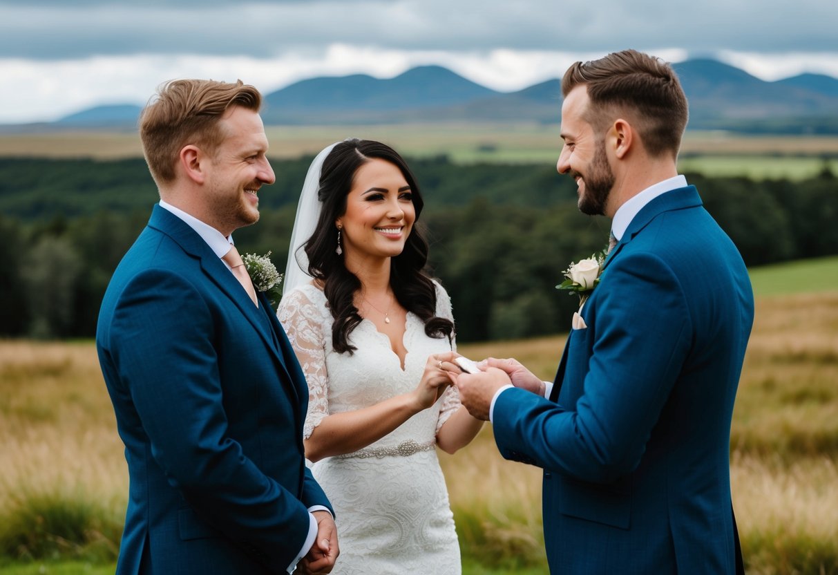 A celebrant standing in front of a couple exchanging vows, with a scenic backdrop of the Scottish countryside