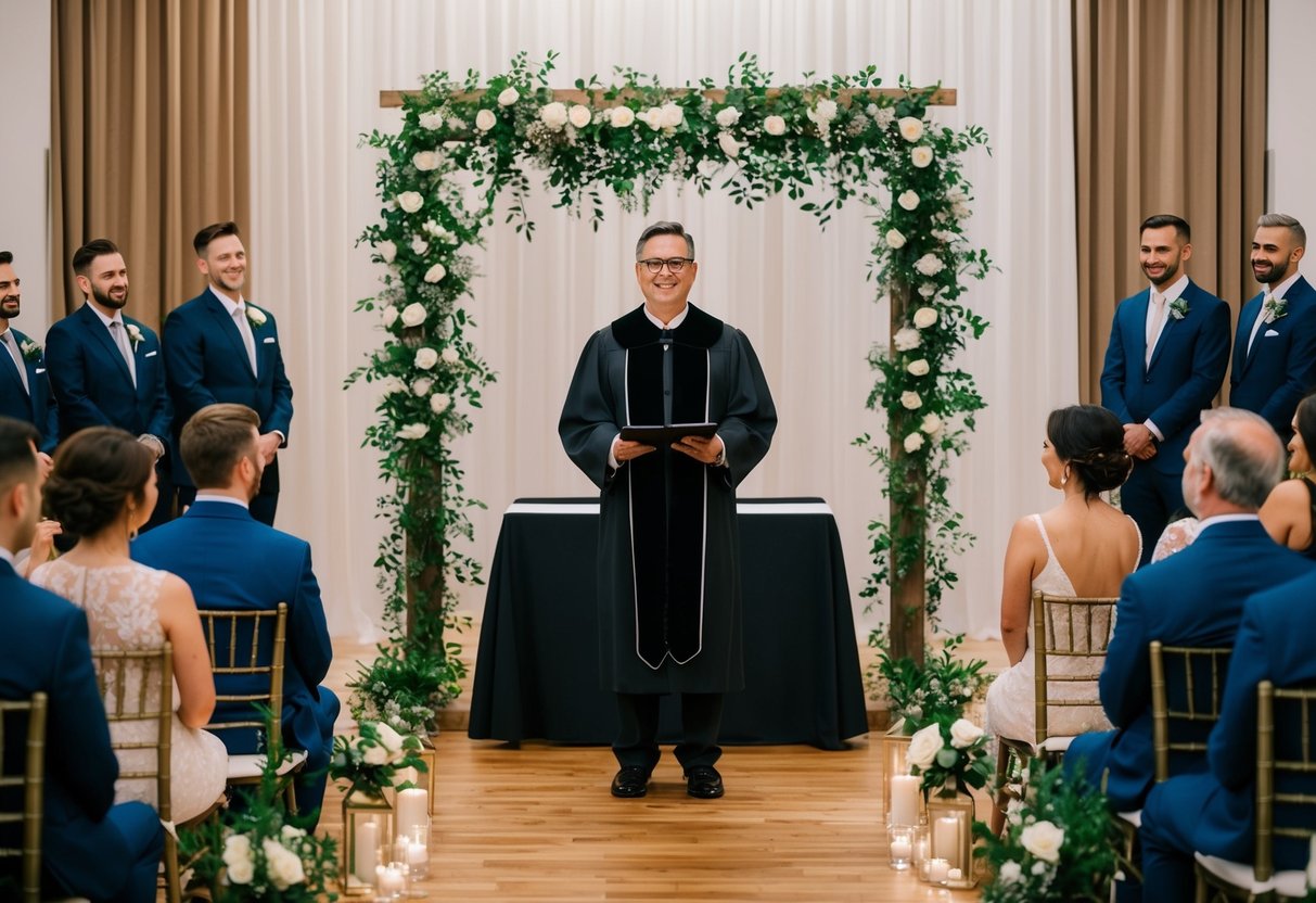 A wedding officiant standing at the front of a decorated ceremony space, with a couple and guests seated, ready for the ceremony to begin