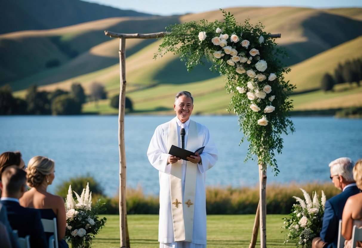 A celebrant stands in front of a beautiful outdoor ceremony setting, with a picturesque backdrop of rolling hills and a serene lake in the distance