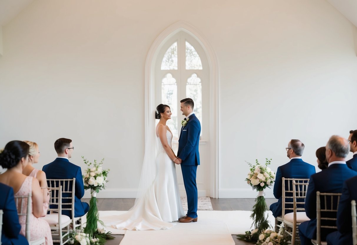 A bride and groom standing alone in a simple, elegant ceremony setting, with no guests present