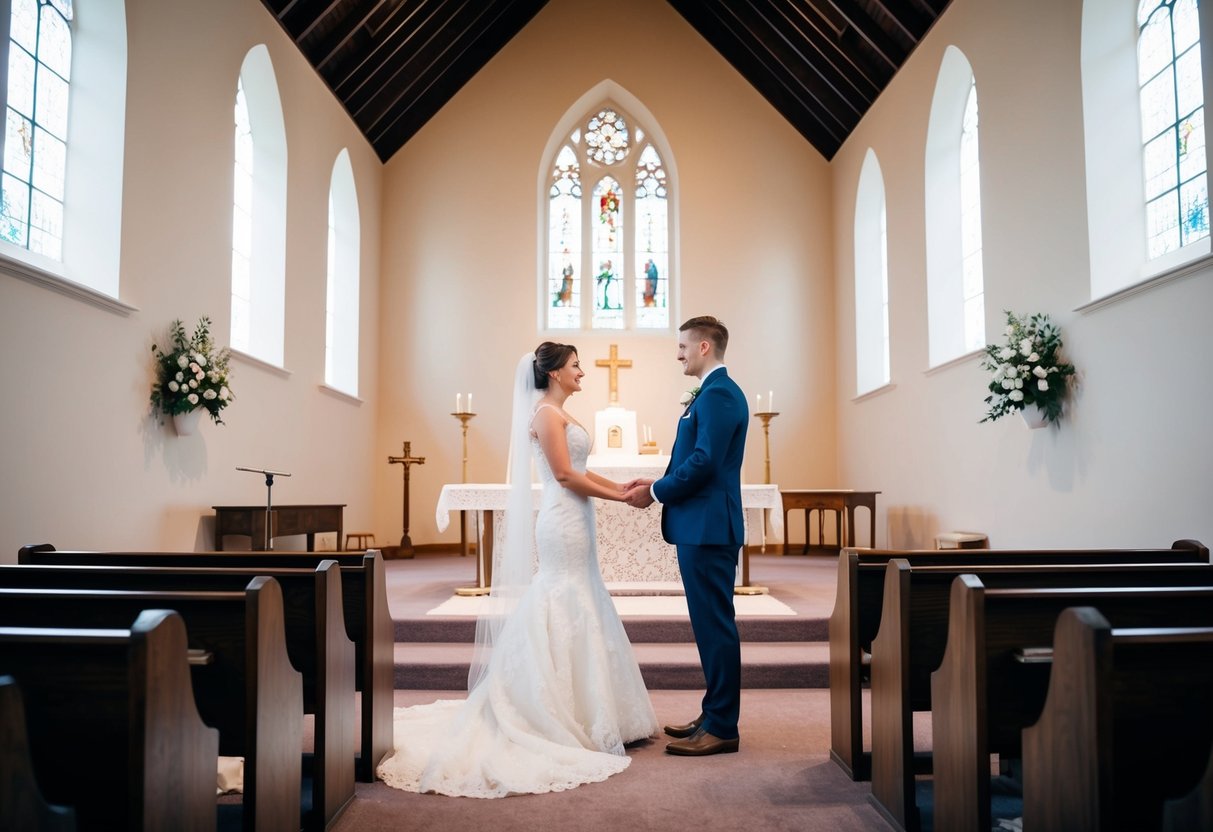 A bride and groom standing at the altar in an empty church, exchanging vows without any guests present