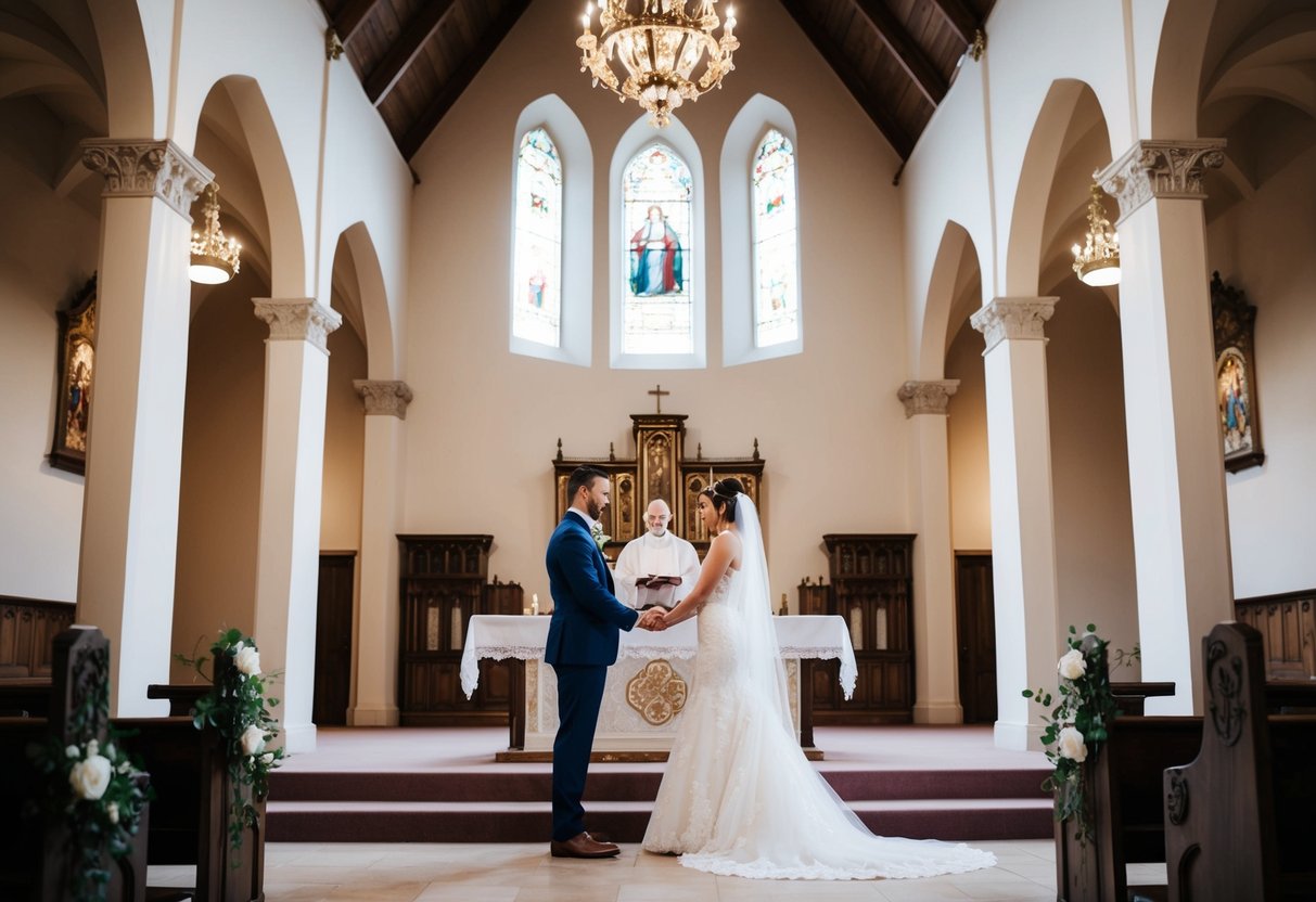 A bride and groom stand at the altar in an empty, ornate chapel, exchanging vows without any guests present