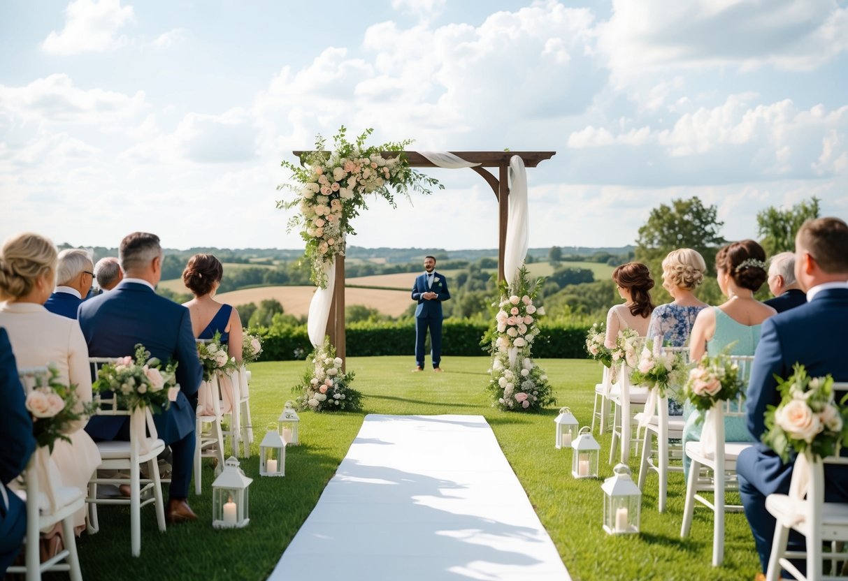 A serene outdoor wedding ceremony with a beautiful arch, flowers, and a stunning view of the countryside