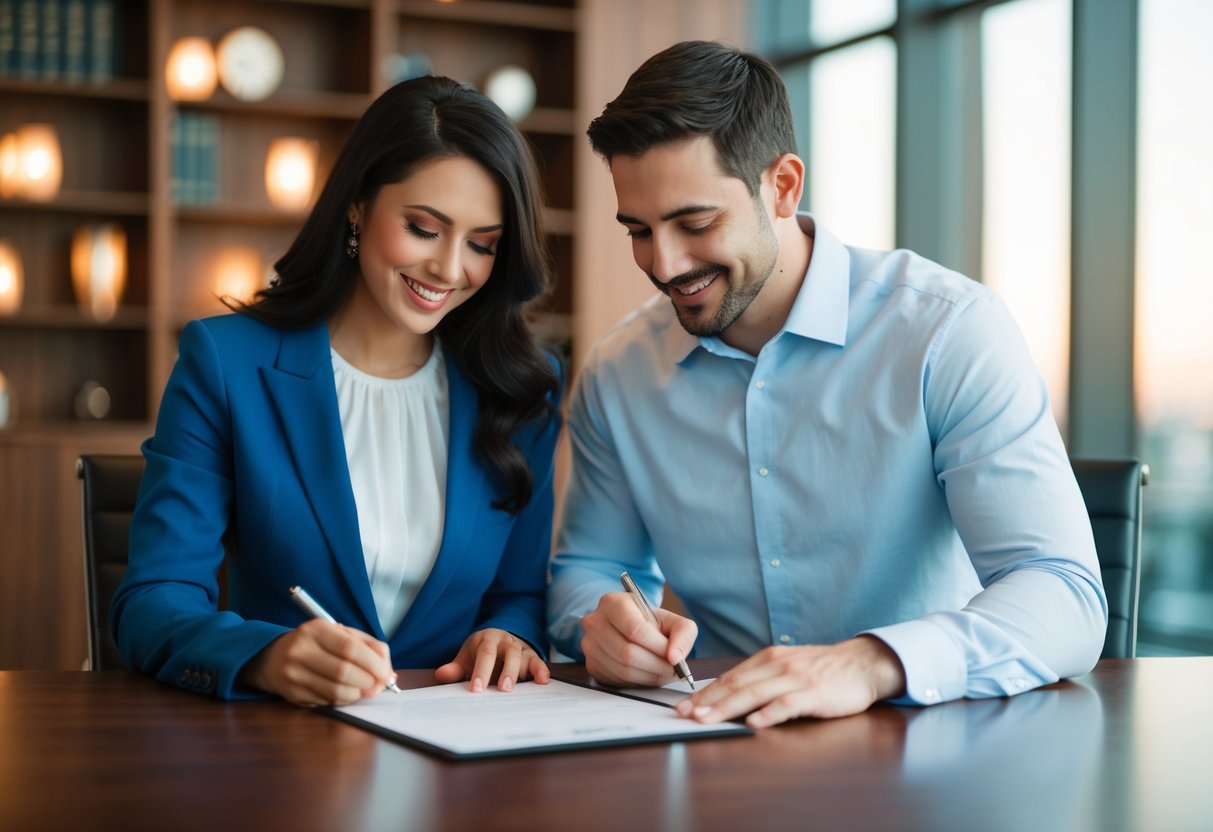 A couple signing a legal document together
