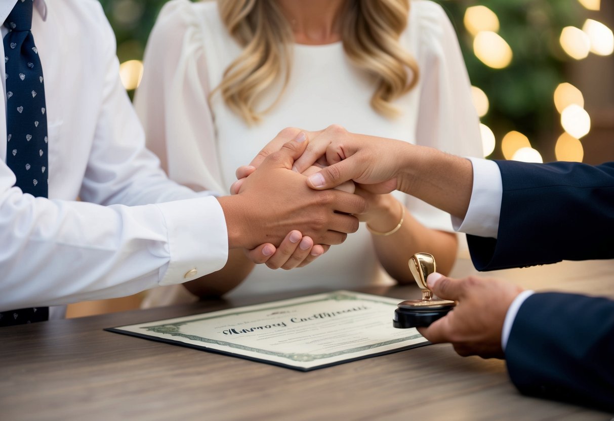 A couple holding hands while looking at a marriage certificate with a lawyer stamping it