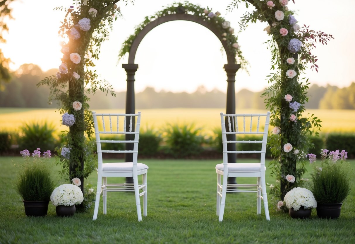 A serene outdoor setting with a decorative archway and flowers, with two chairs facing each other