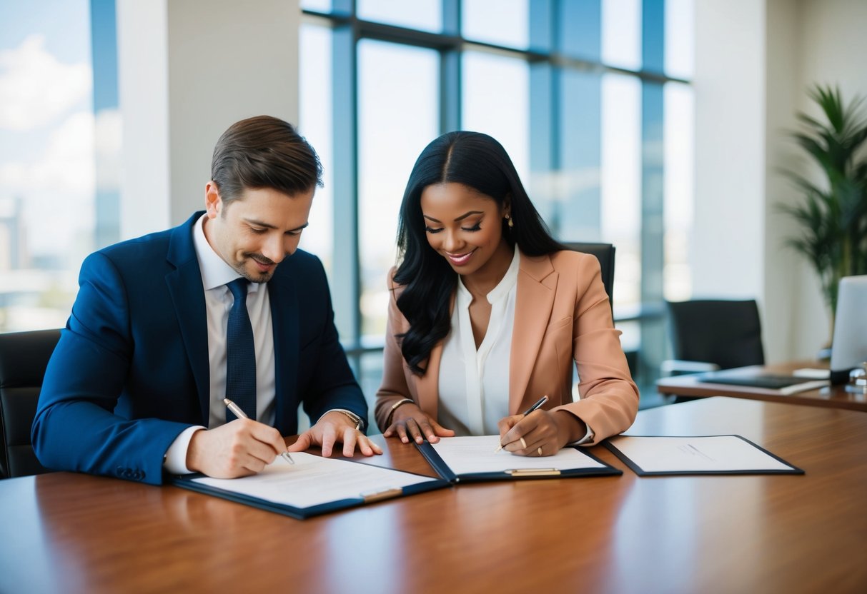 A couple signing legal documents together at a lawyer's office