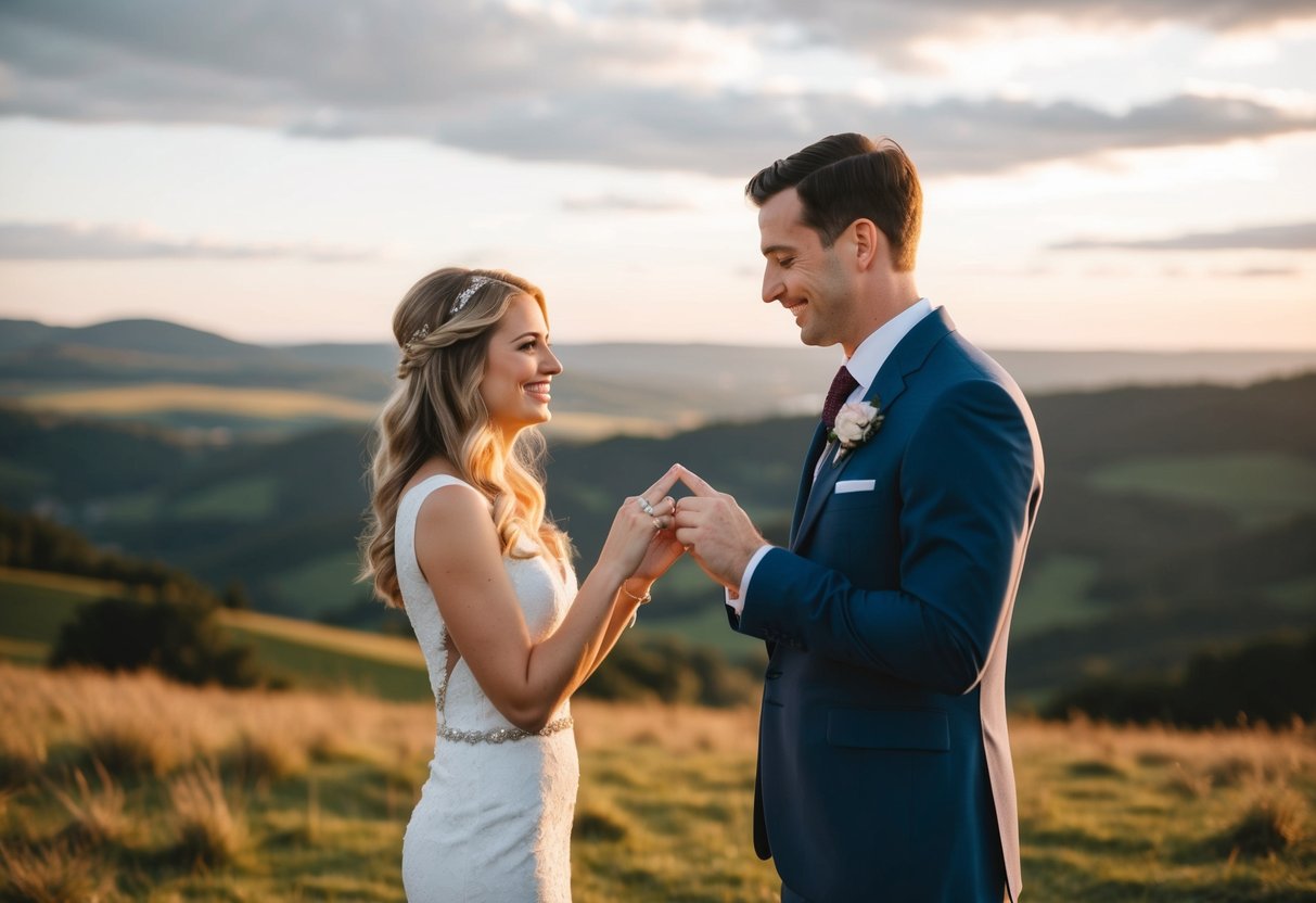 A couple exchanging rings in front of a picturesque landscape