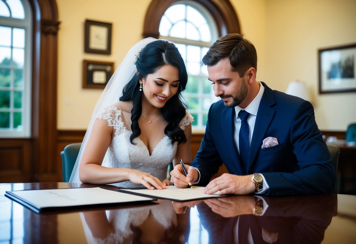 A couple signing a marriage certificate at a government office