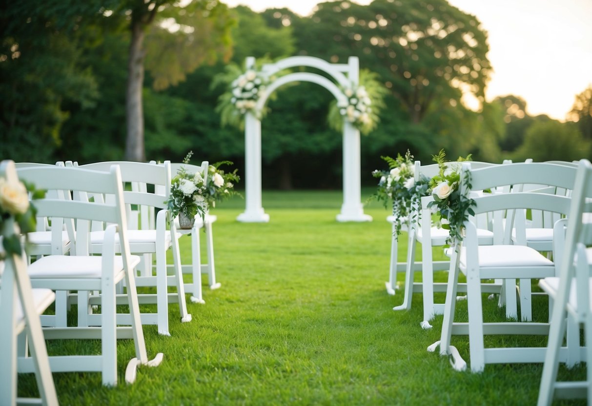 A serene outdoor setting with a decorative arch and rows of chairs, ready for a wedding ceremony