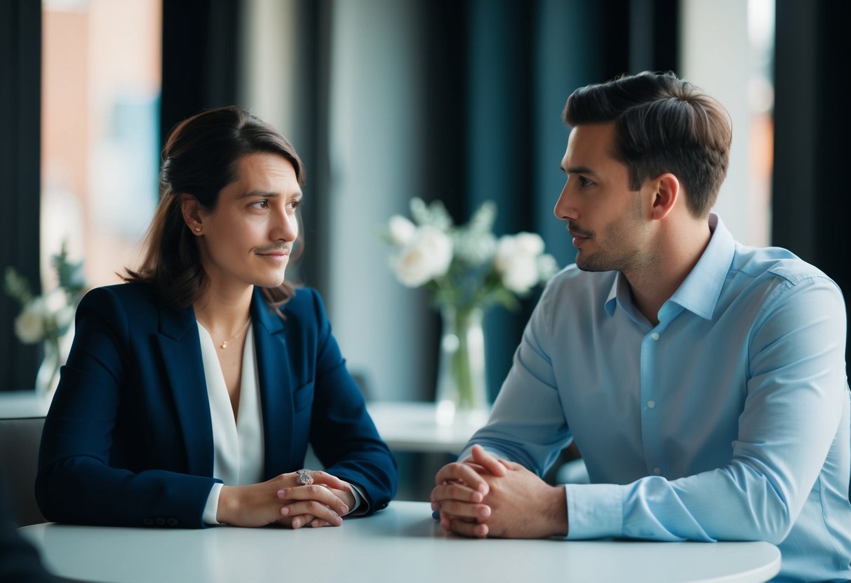 A couple sitting at a table, one wearing a wedding ring, the other without. They are deep in conversation, with a sense of uncertainty in the air