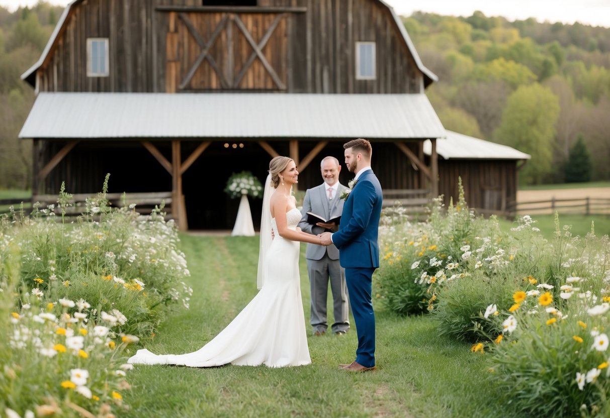 A picturesque countryside setting with a rustic barn and blooming wildflowers, where a couple stands exchanging vows without a formal ceremony