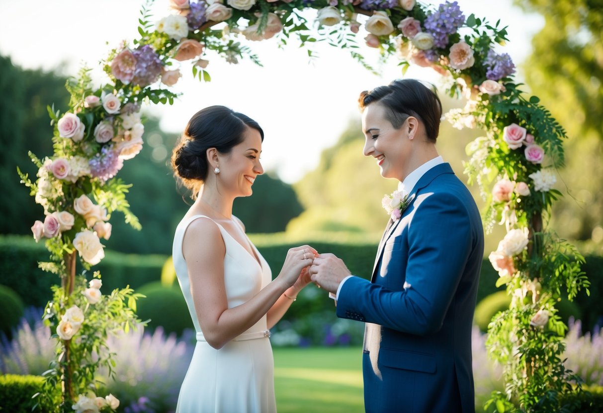 A couple exchanging rings in front of a floral archway in a tranquil garden setting