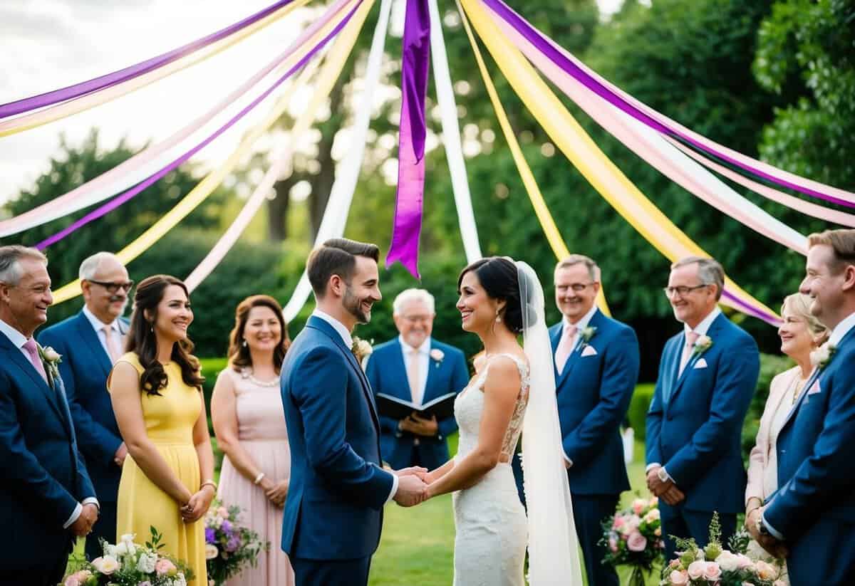 A couple exchanging vows under a canopy of colorful ribbons, surrounded by friends and family in a lush garden setting