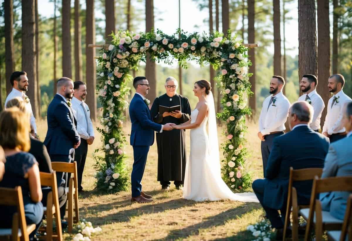 A couple stands beneath a floral arch in a forest clearing, surrounded by friends and family. An officiant leads a non-traditional wedding ceremony, as sunlight filters through the trees