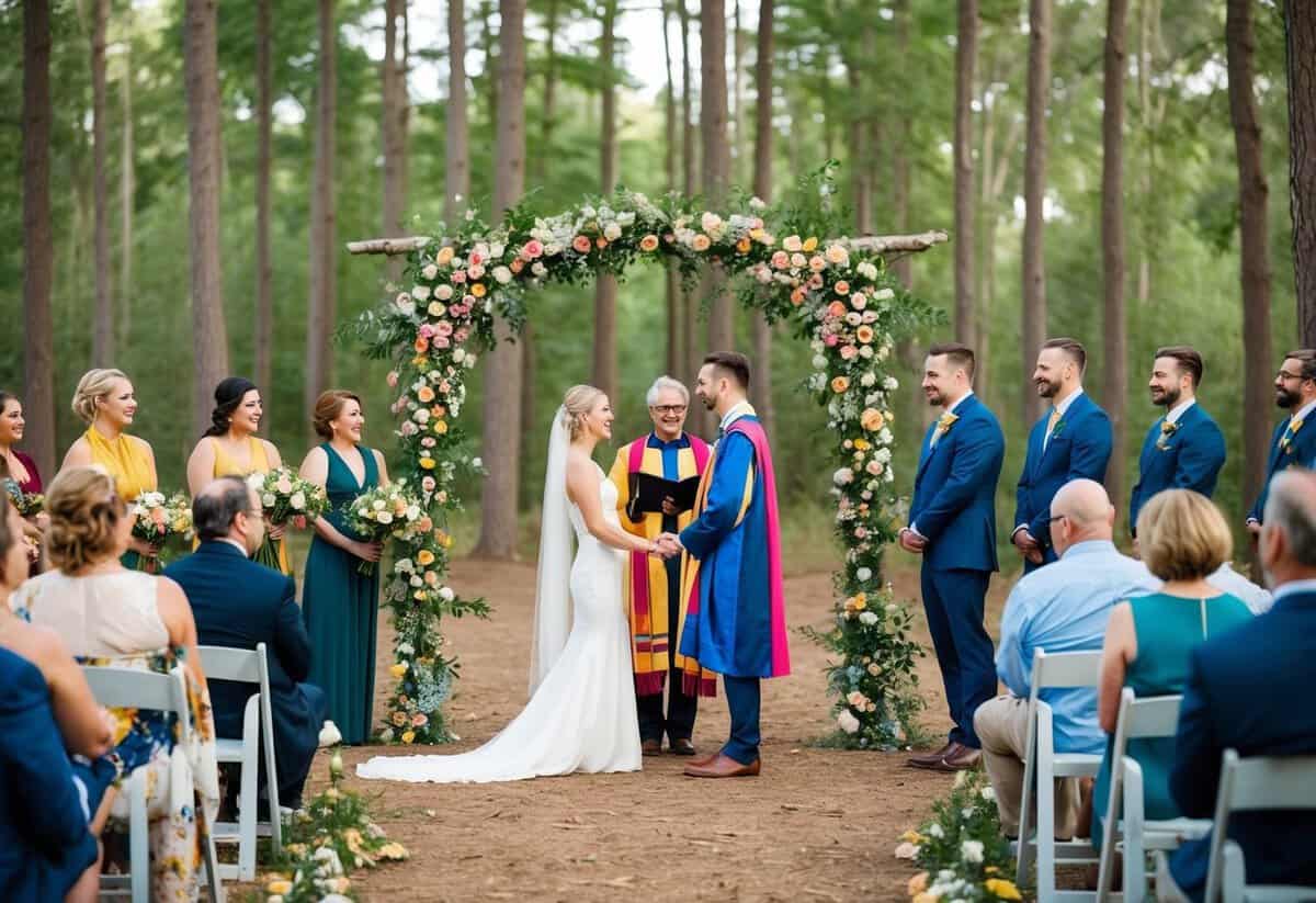 A couple stands beneath a floral arch in a forest clearing, surrounded by friends and family. The officiant, dressed in colorful robes, leads the non-traditional wedding ceremony