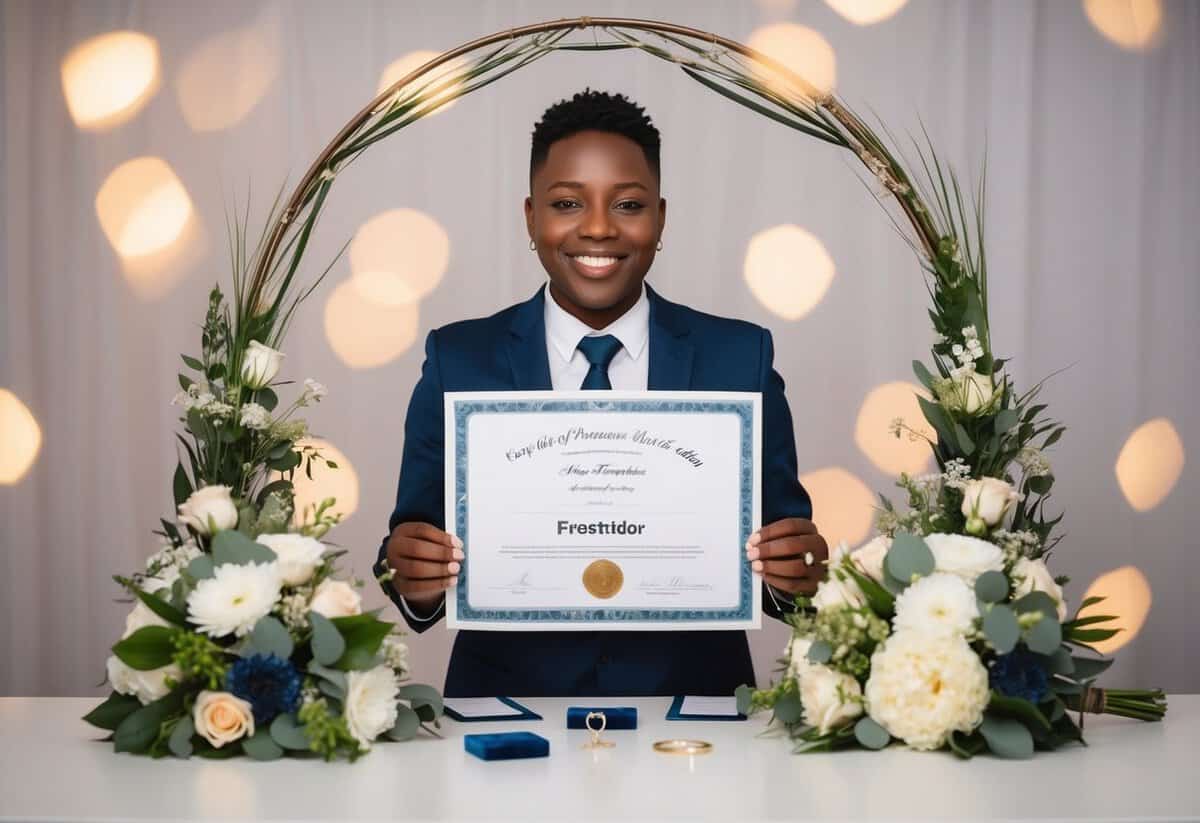 A person holding a certificate and smiling, surrounded by wedding-related items such as rings, flowers, and a decorative arch