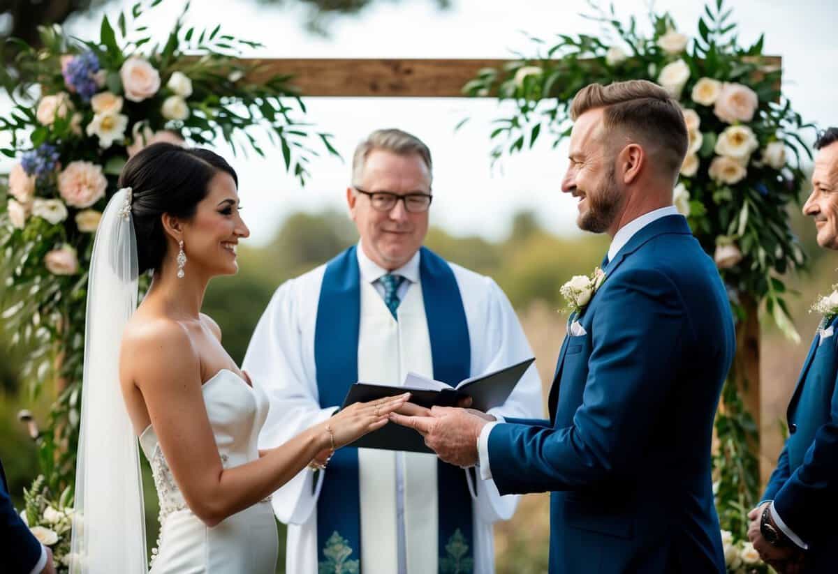 A celebrant conducting a wedding ceremony, surrounded by flowers and decor, with a couple exchanging vows