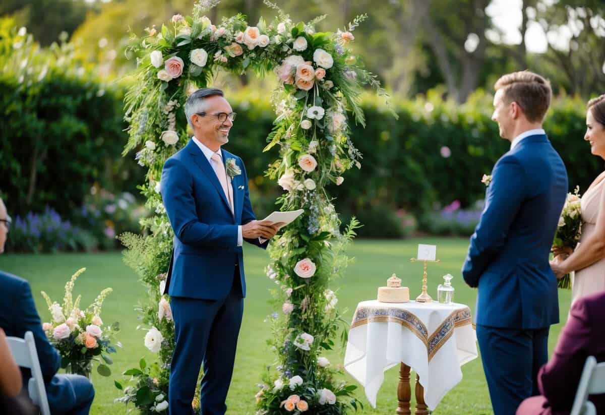 A celebrant stands at an outdoor ceremony, surrounded by flowers and greenery. A small table is set up with a decorative cloth and a few symbolic items