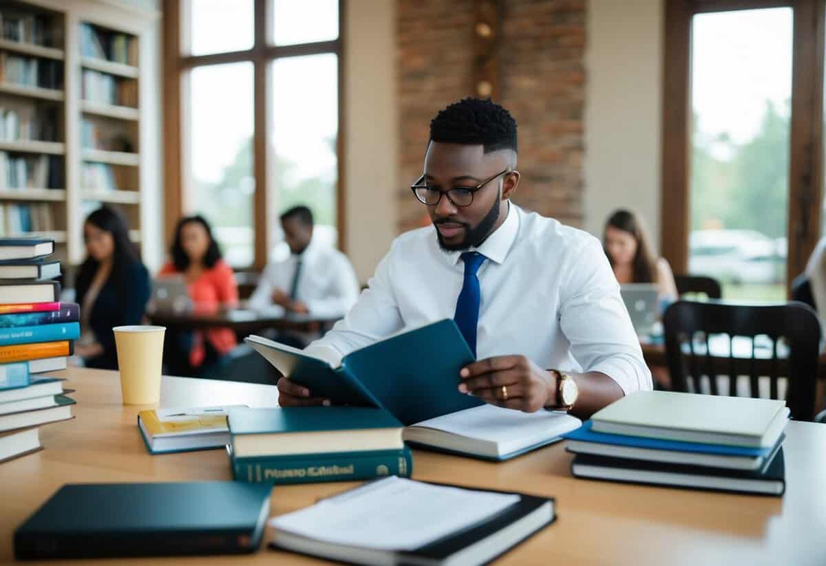 A celebrant studying a variety of educational materials, such as textbooks, online courses, and certification programs, to fulfill the qualifications needed to become a wedding celebrant