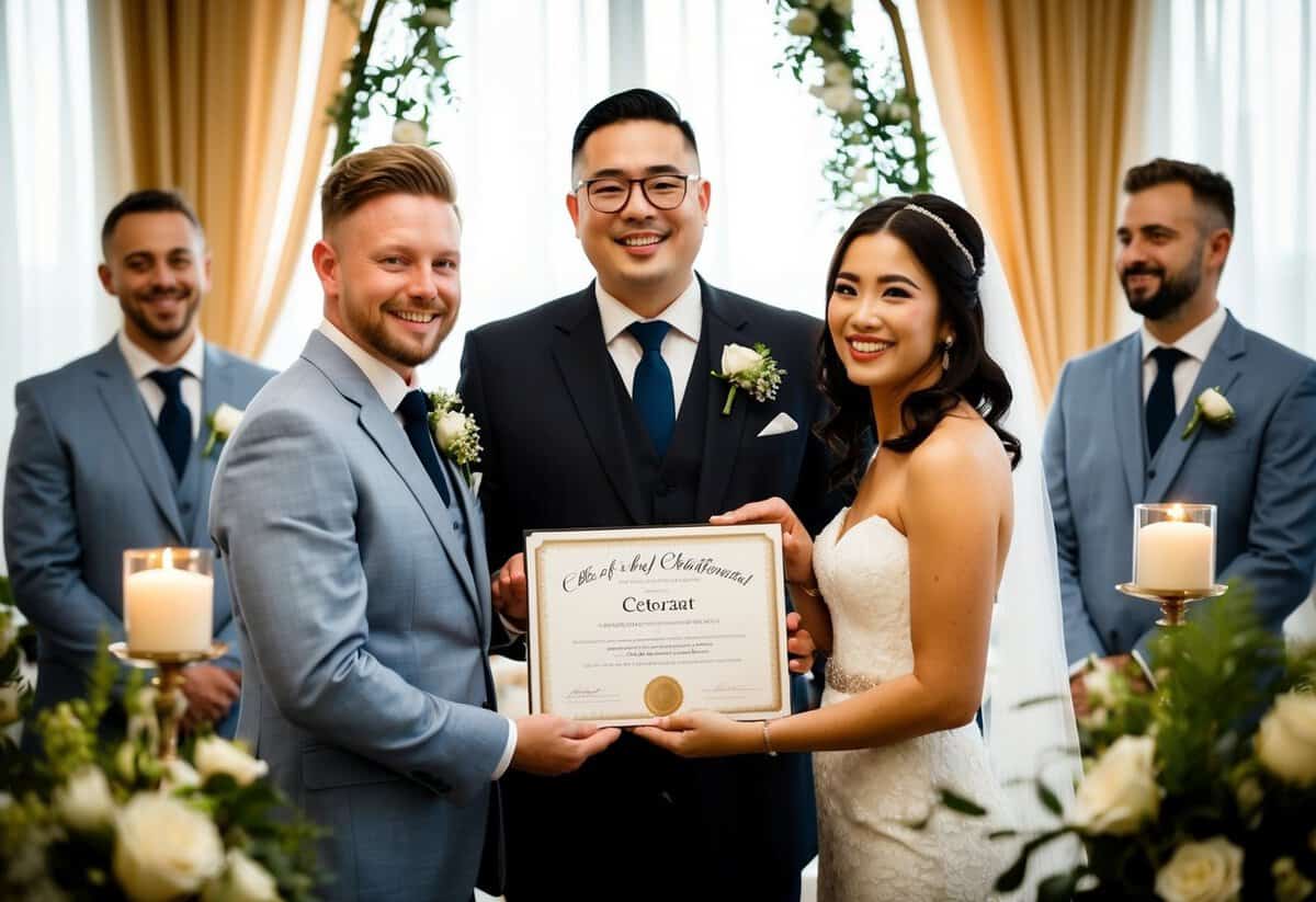 A celebrant holding a certificate, surrounded by wedding decor and a happy couple