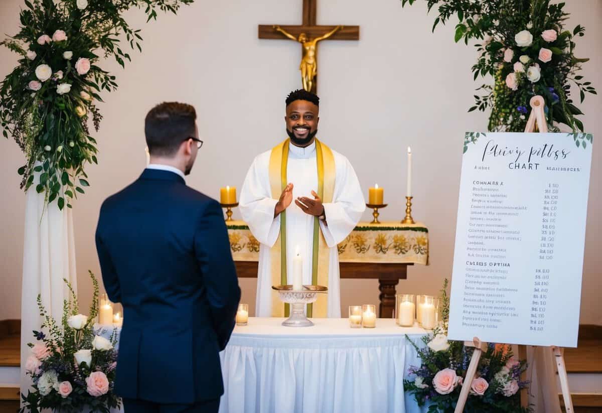 A celebrant stands at a decorated altar, surrounded by flowers and candles. A pricing chart is displayed nearby, listing different ceremony options