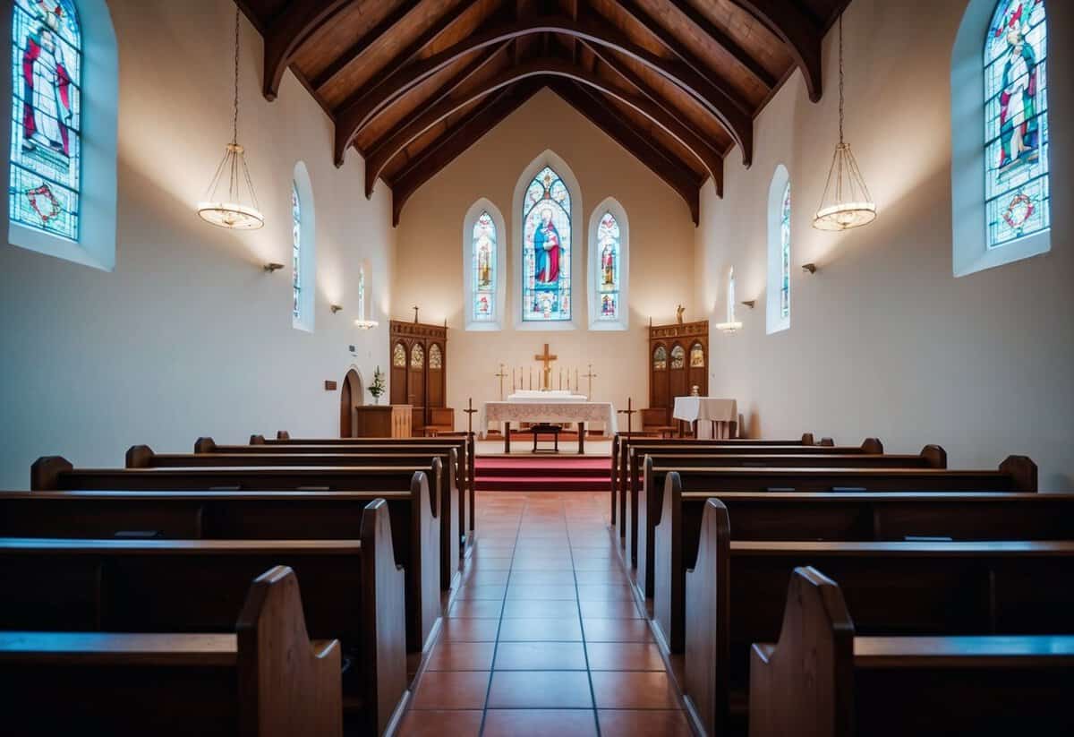 A traditional church interior with pews, altar, and stained glass windows