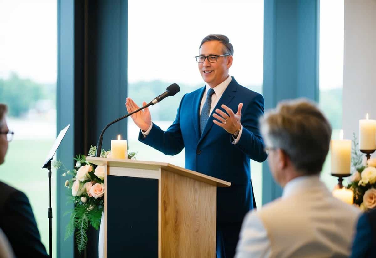 A secular officiant stands at a podium, conducting a wedding ceremony in a modern, non-religious setting. The officiant speaks confidently, surrounded by flowers and candles
