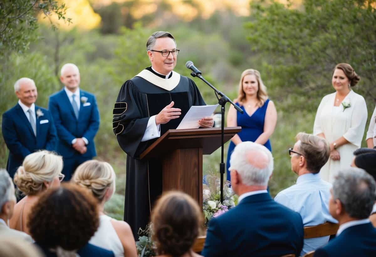 A secular officiant stands at a podium, surrounded by nature. They hold a ceremonial script and speak to a small group of people gathered for the ceremony
