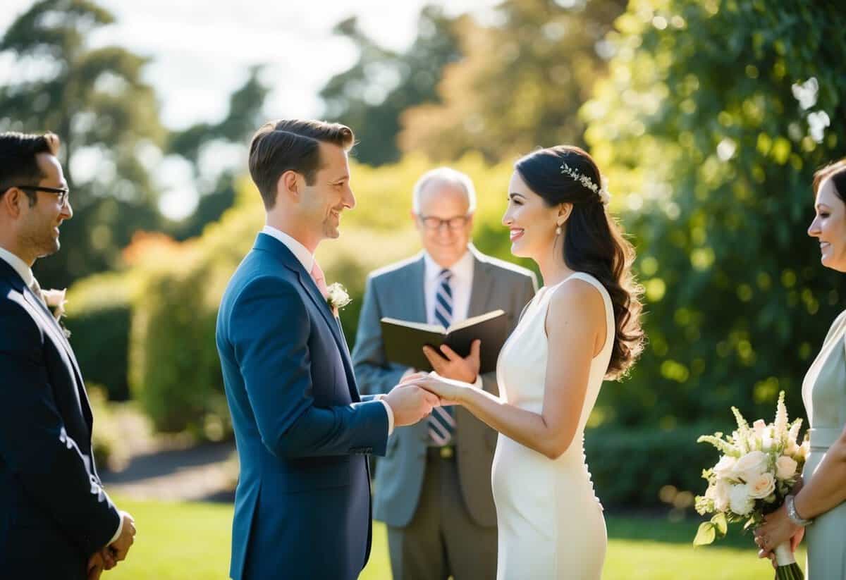 A couple exchanging vows in a sunlit garden with an officiant