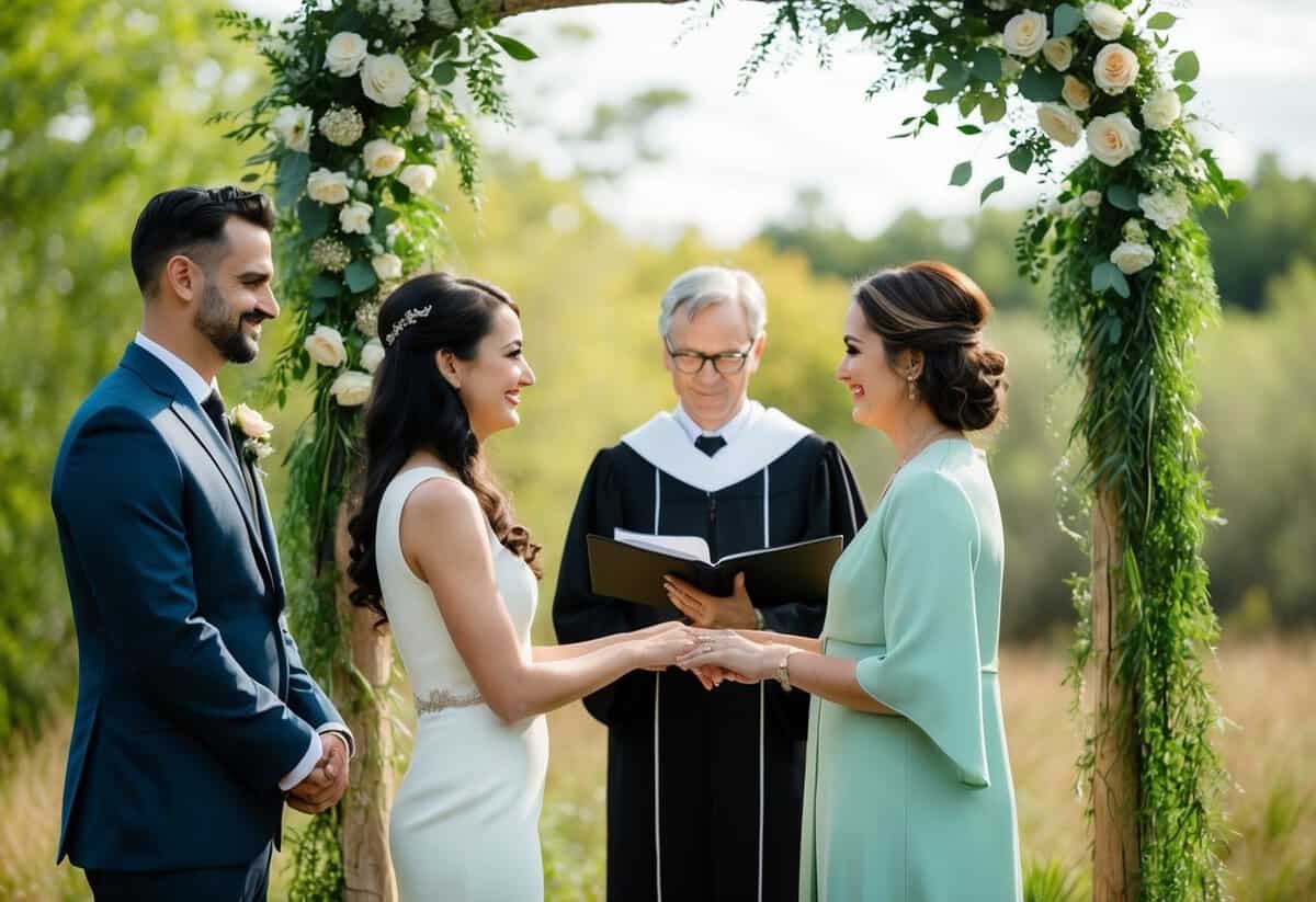 A humanist wedding ceremony with a registrar officiating, surrounded by nature with a couple exchanging vows