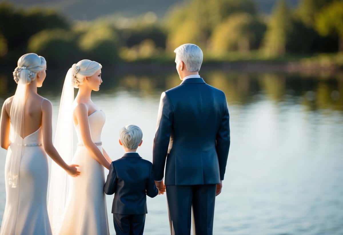 A figure stands beside a couple, symbolizing a family member witnessing their wedding ceremony