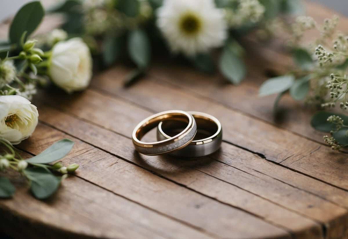 A pair of intertwined wedding rings resting on a rustic wooden table, surrounded by delicate flowers and greenery