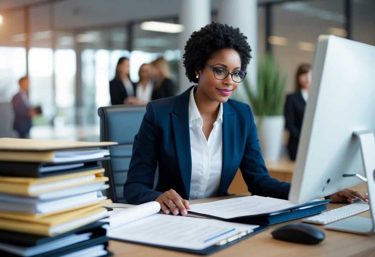 A registrar reviewing documents and certifications, surrounded by files and a computer