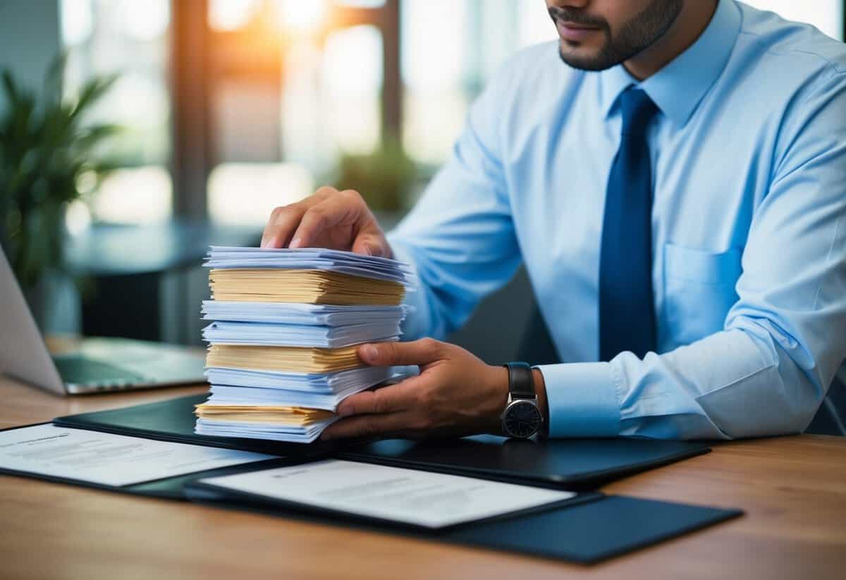 A registrar reviewing a stack of certificates and credentials