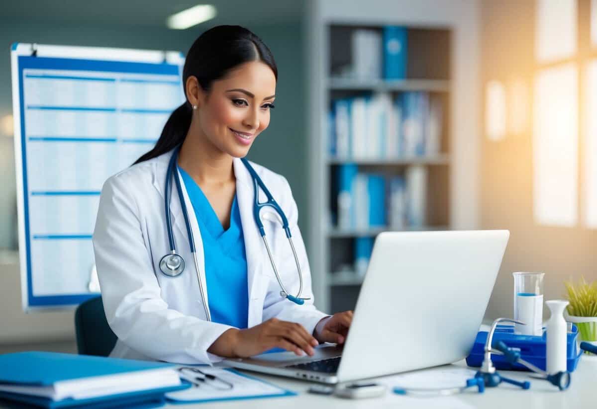 A registrar reviewing medical records with a stethoscope and a laptop, surrounded by charts and medical equipment