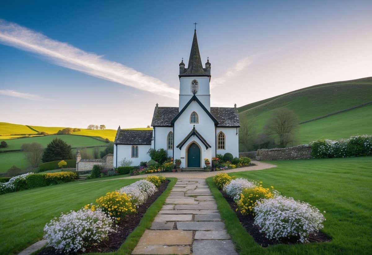 A quaint English countryside church with a stone pathway and blooming gardens, surrounded by rolling green hills under a clear blue sky
