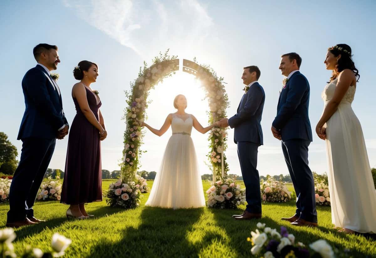 Four figures stand in a circle, facing each other, surrounded by flowers and a ceremonial arch. The sun shines down on the joyful scene