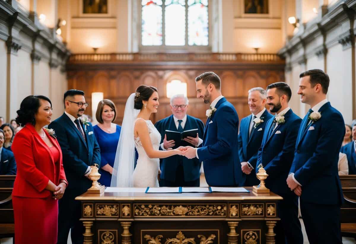 A couple stands before an ornate registrar's desk, exchanging vows as witnesses look on in a grand, historic building
