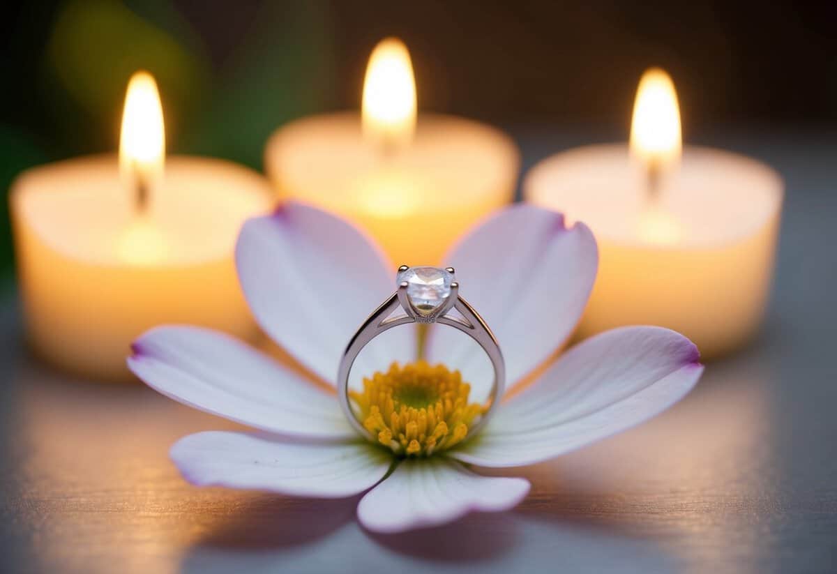 A ring placed on a delicate flower petal, surrounded by soft candlelight