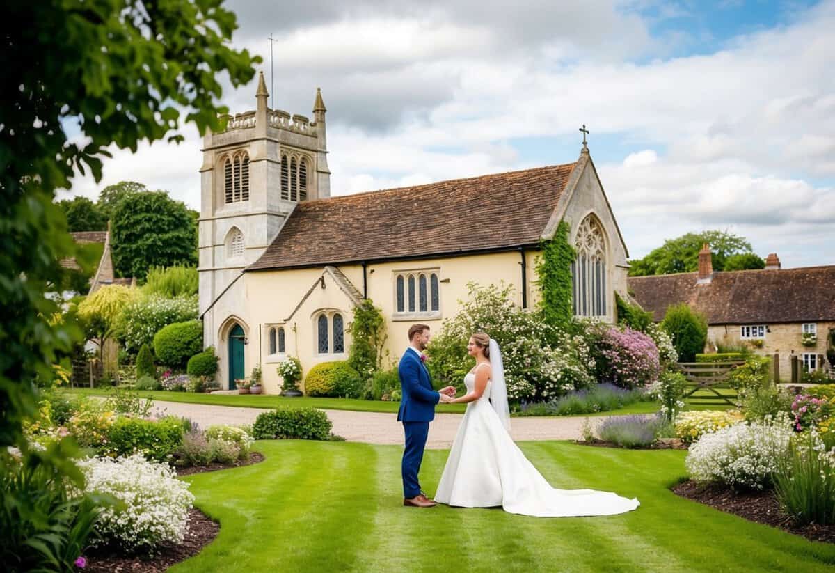 A quaint English countryside with a charming old church and blooming gardens, where a couple stands exchanging vows