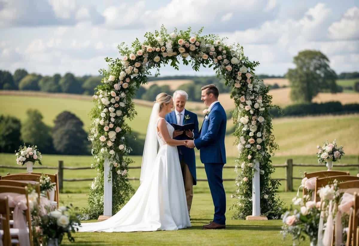 A couple standing in front of a picturesque English countryside wedding venue, exchanging vows under a floral archway