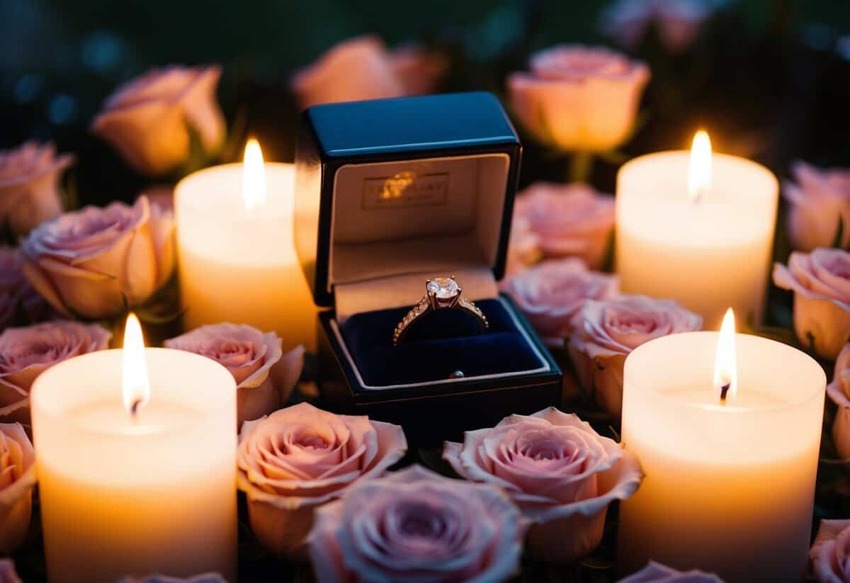 A ring box nestled in a bed of roses, illuminated by soft candlelight