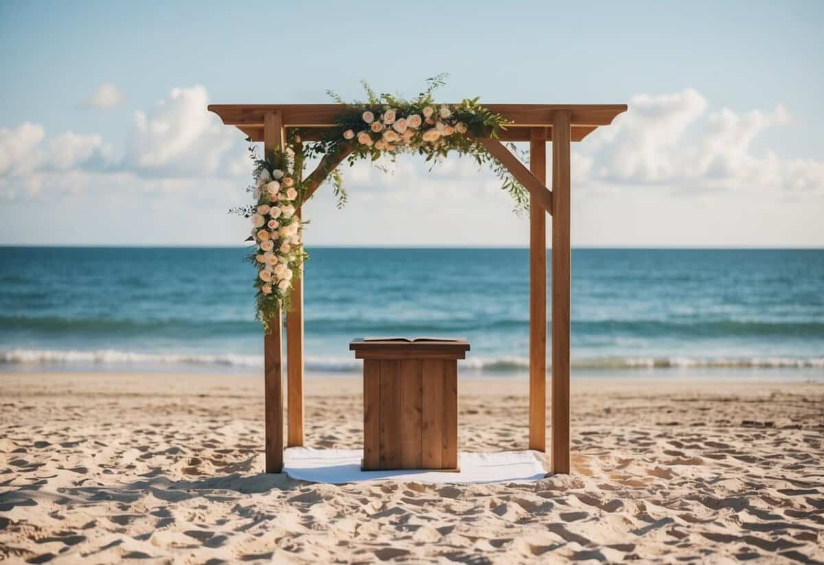A sunny beach with a simple wooden altar and a serene ocean backdrop