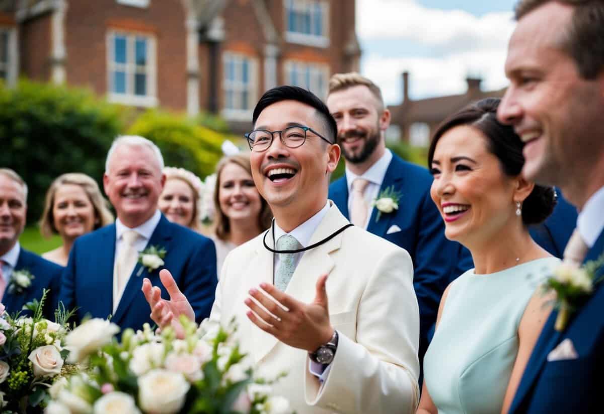 A celebrant speaks joyfully at a UK wedding, surrounded by flowers and smiling guests