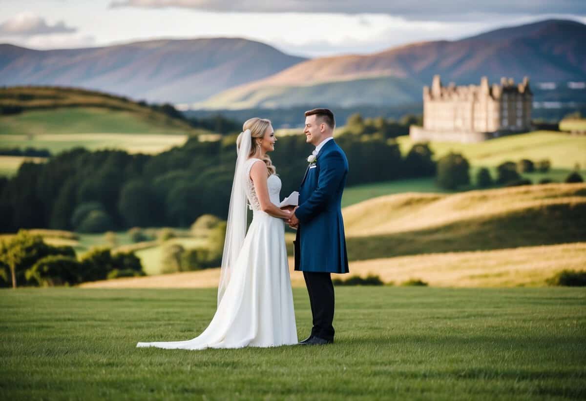A wedding officiant standing in front of a picturesque Scottish landscape, with rolling hills and a historic castle in the background