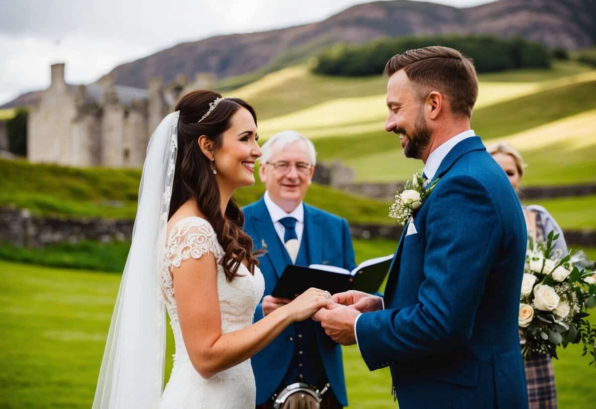 A traditional Scottish wedding scene with a couple exchanging vows outdoors, surrounded by lush green hills and a picturesque castle in the background