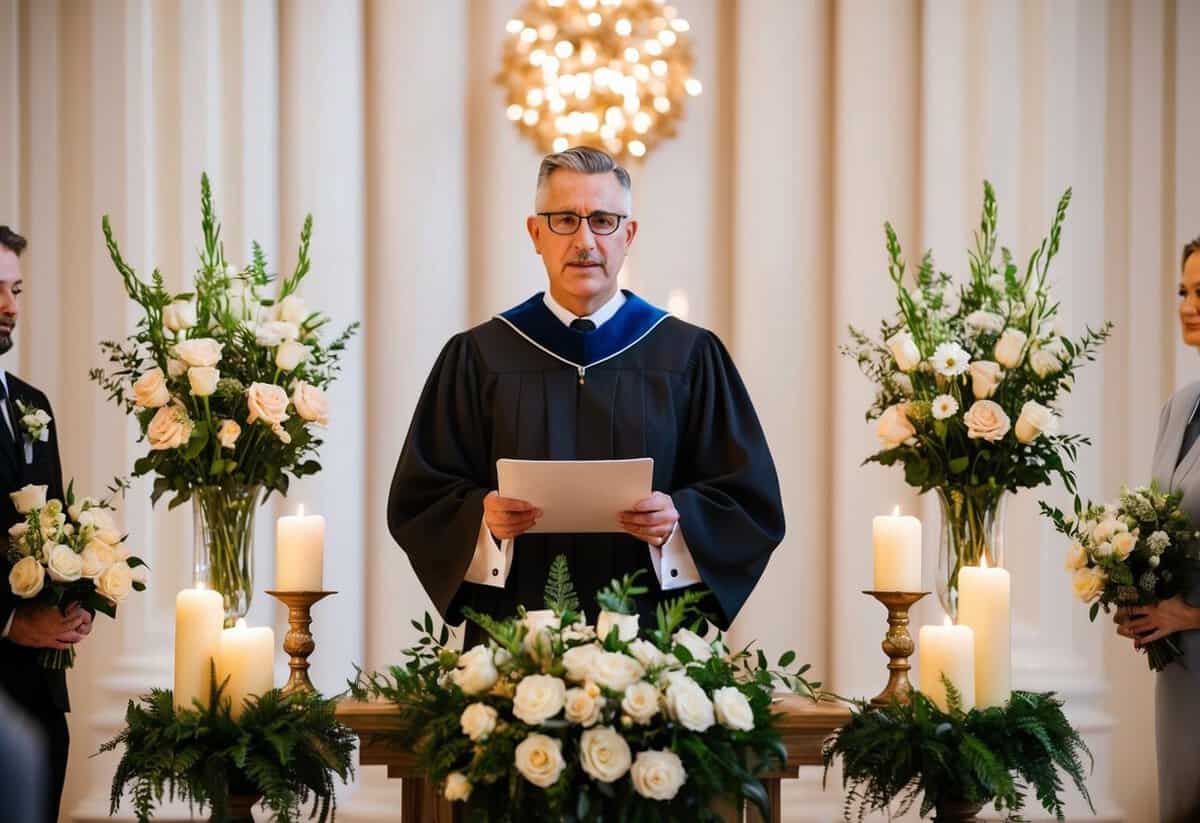 A civil celebrant stands at an altar, surrounded by flowers and candles, ready to officiate a wedding ceremony