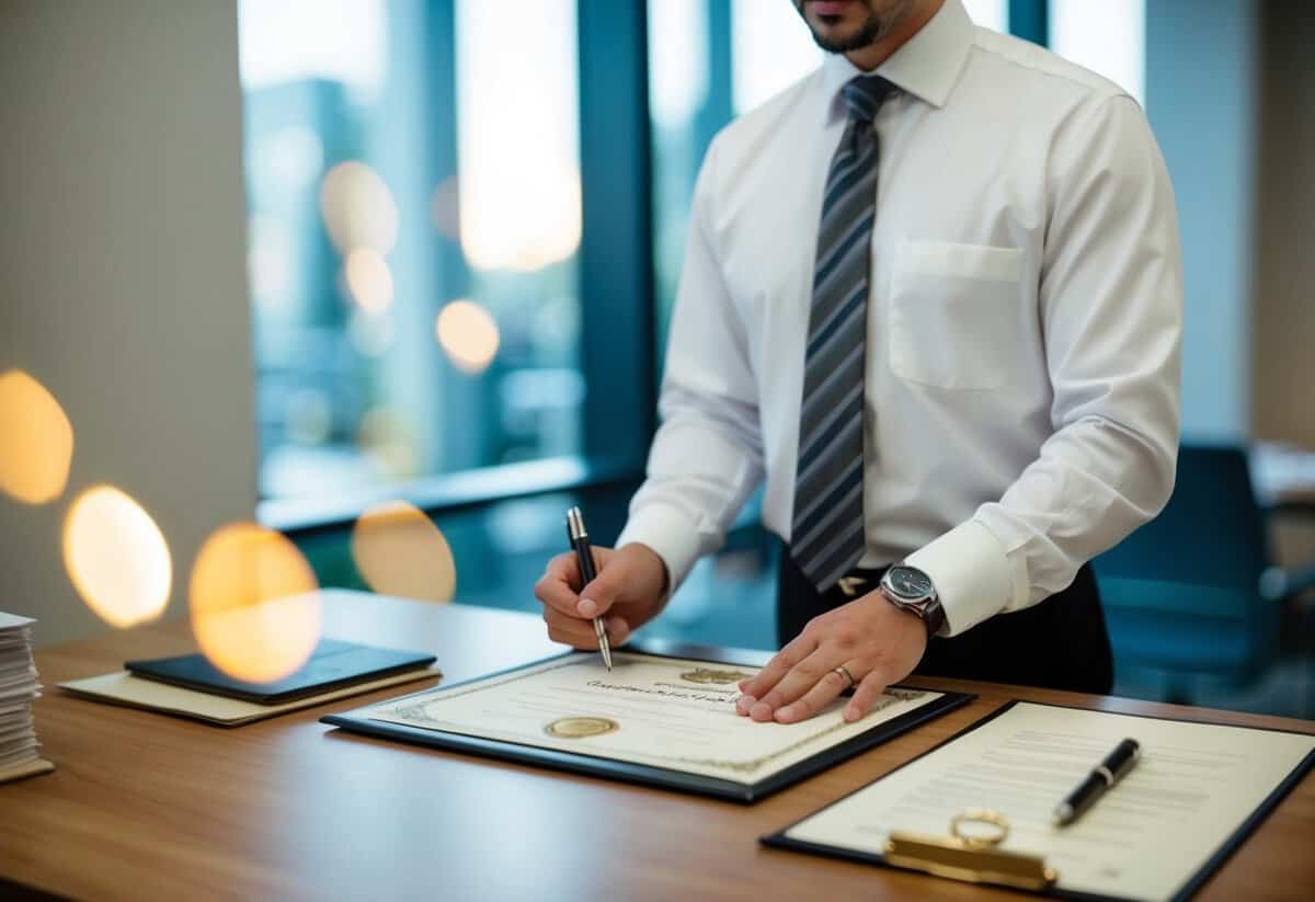 A registrar standing at a desk with a marriage certificate and pen