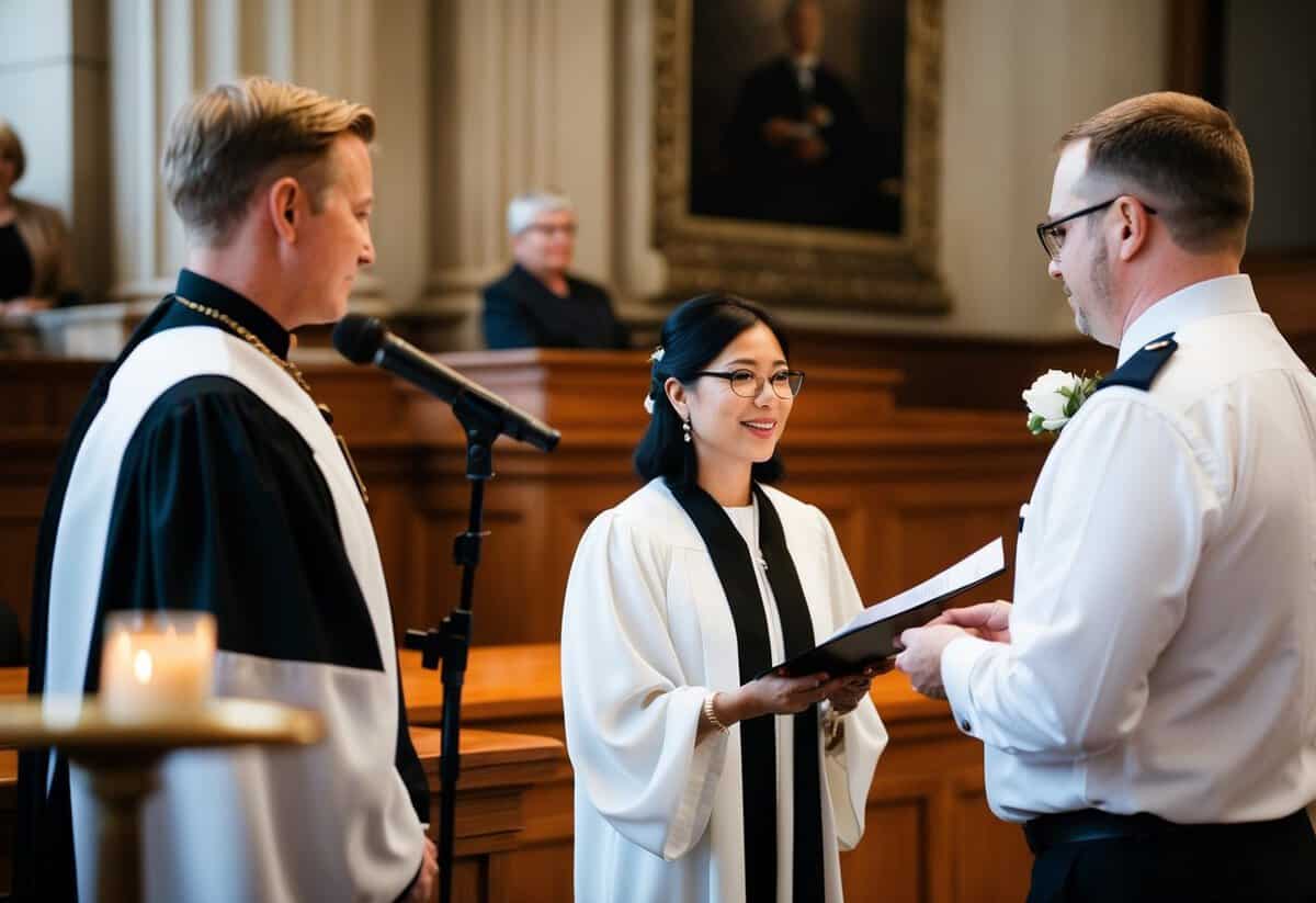 A civil celebrant officiating a wedding ceremony in a courthouse
